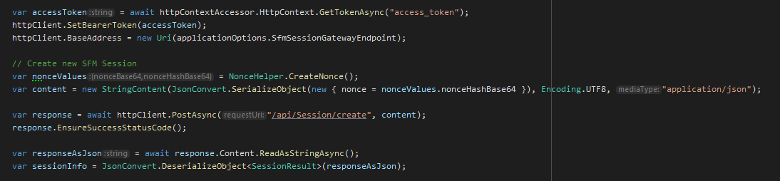 code example for session/create request